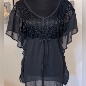 🏝️Cover Up Miken Black Caviar Fluttered Crochet-Front Chiffon Swim